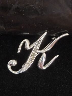 Silver Tone Letter K Initial Brooch Clear Rhinestone Script Monogram Pin #AEP1